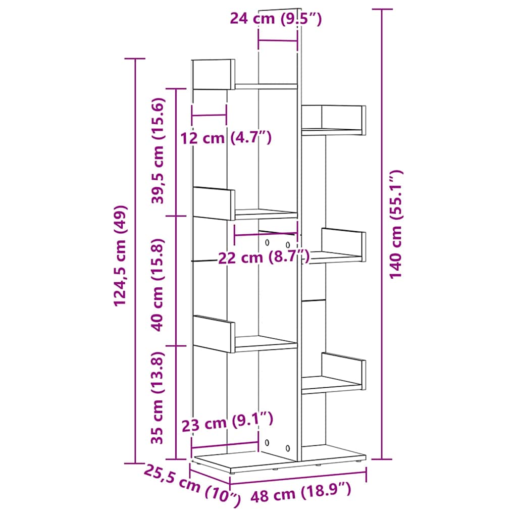 Bogreol 8 niveauer 48 x 25,5 x 140 cm Konstrueret træ Sort eg