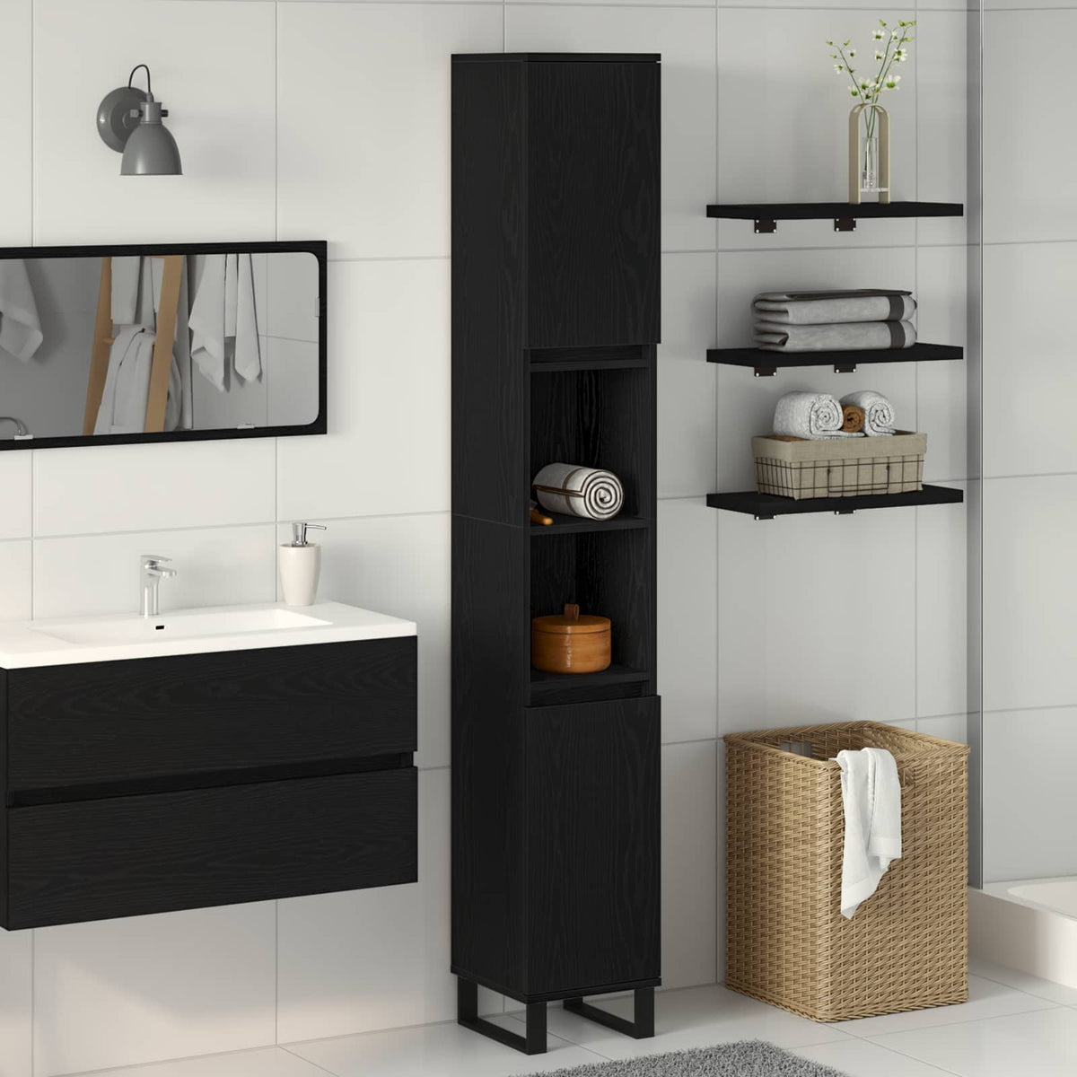 Badeværelsesskab Sort eg 30 x 30 x 190 cm Konstrueret træ