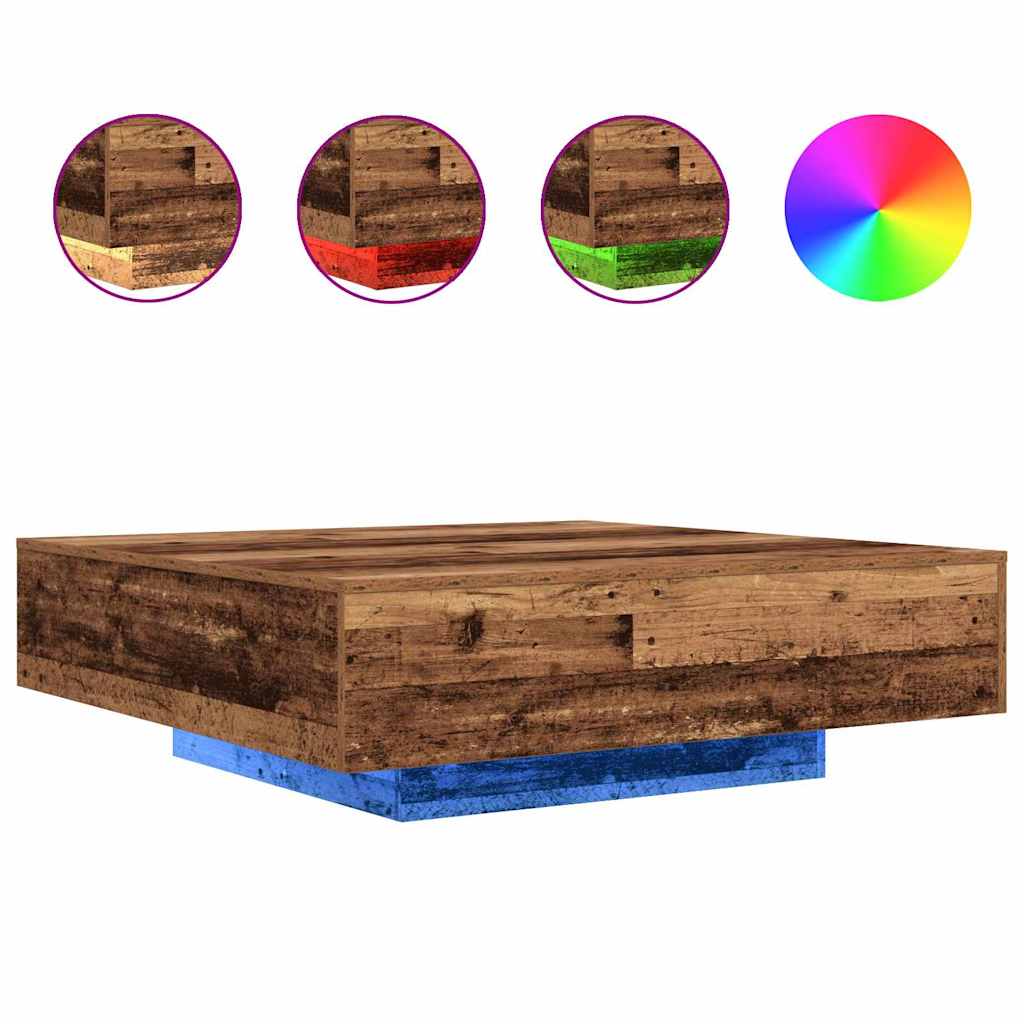 Kaffebord med LED Strip Lys Gammelt træ 100 x 100 x 31 cm