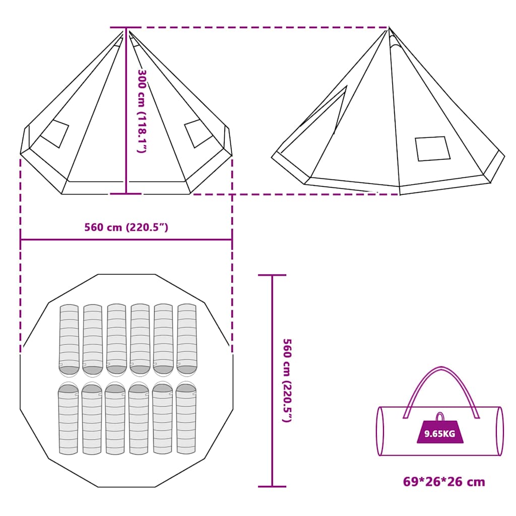 Tipi telt med tag med opbevaring Grøn 560 x 560 x 300 cm taft