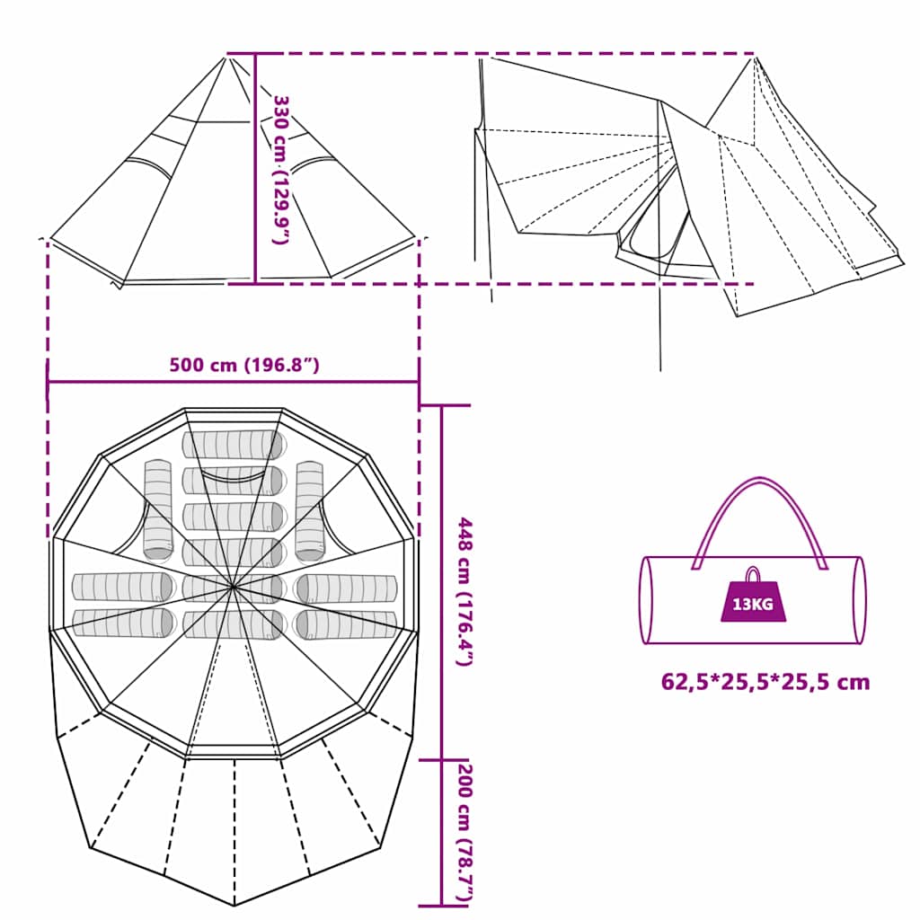 Tipi telt med tag med opbevaring Blå 510 x 690 x 330 cm taft