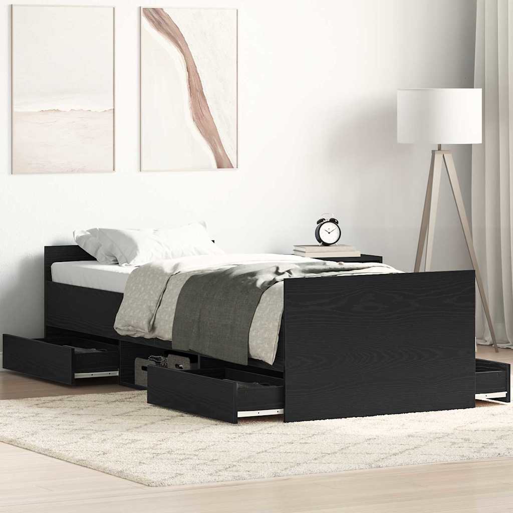 Sengestel med skuffe Sort eg 193 x 78 x 50 cm Konstrueret træ