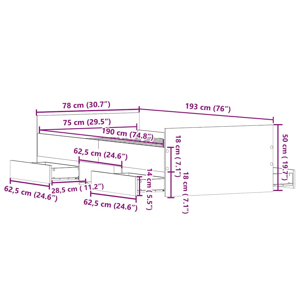 Sengestel med skuffe Sort eg 193 x 78 x 50 cm Konstrueret træ