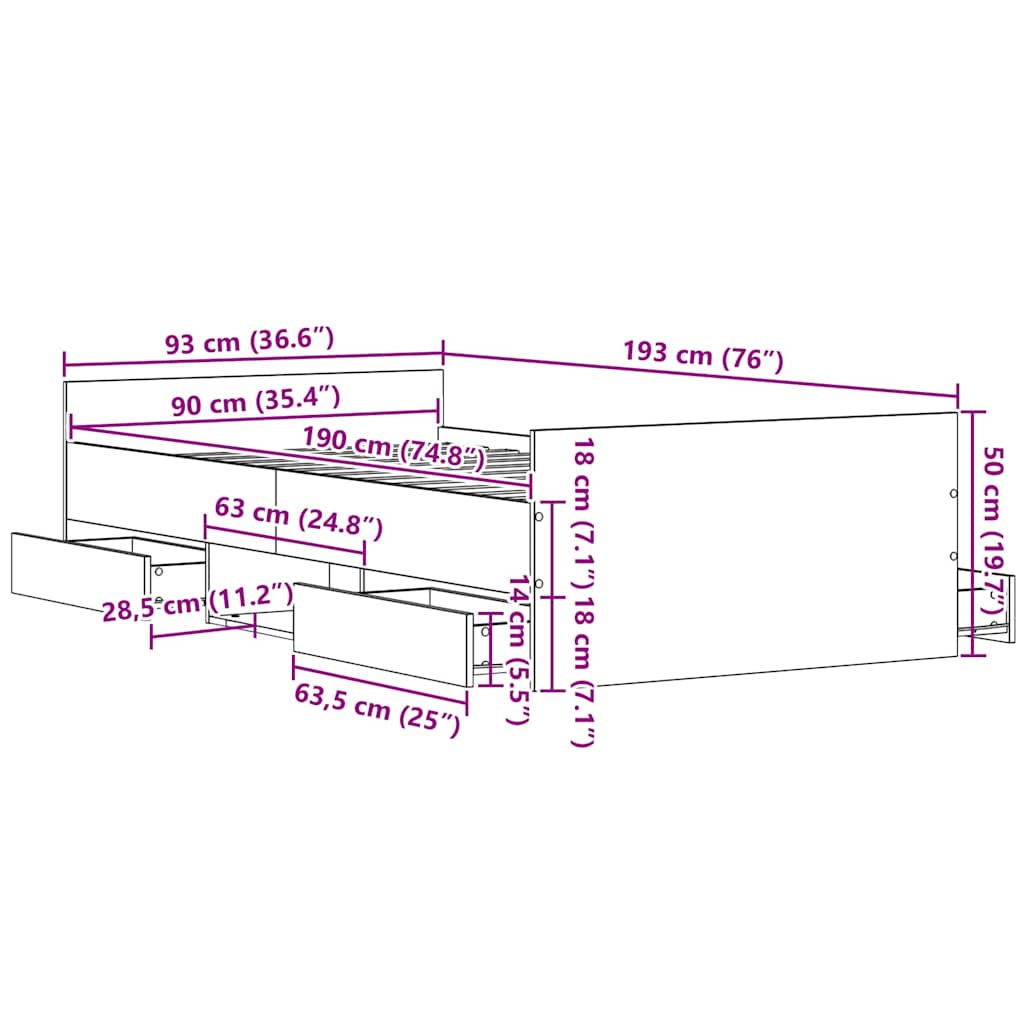 Sengestel med skuffe Sort eg 193 x 93 x 50 cm Konstrueret træ