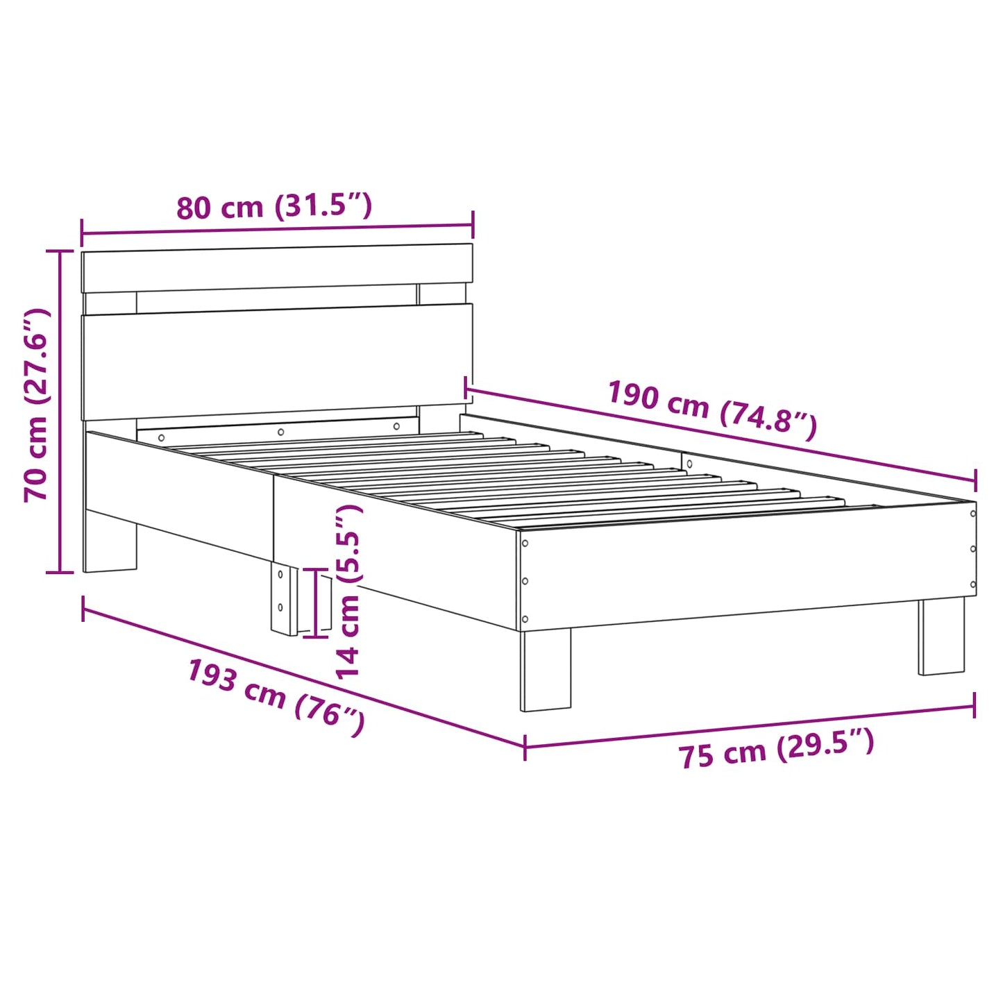 Sengestel med hovedgærde Sort eg 75 x 190 cm Konstrueret træ