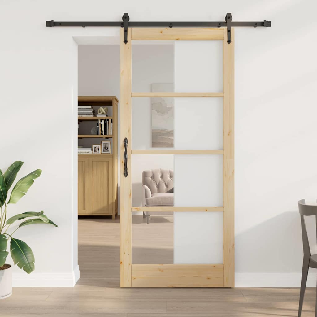 Skydedør 93 x 211 cm Massivt fyrretræ og glas Naturfarvet