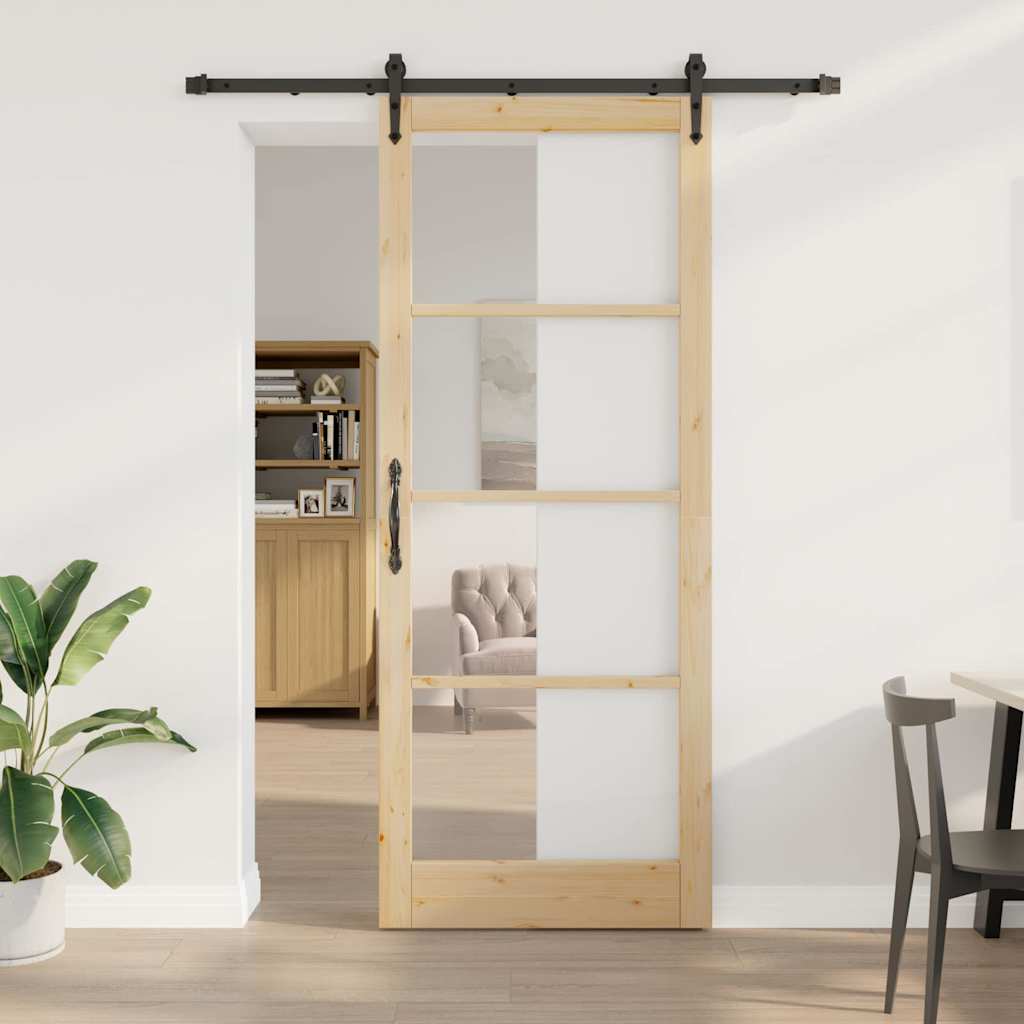 Skydedør 93 x 232 cm Massivt fyrretræ og glas Naturfarvet