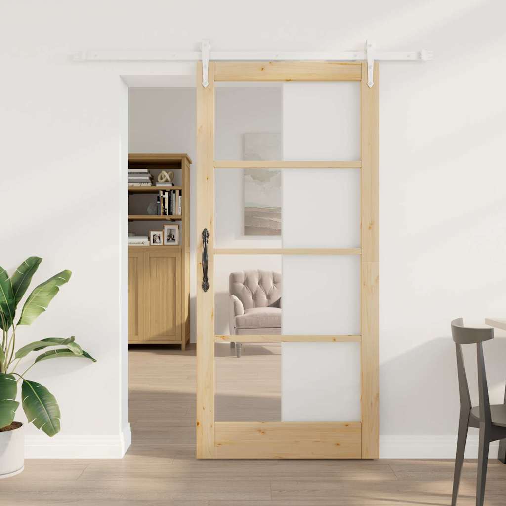 Skydedør 93 x 202 cm Massivt fyrretræ og glas Naturfarvet