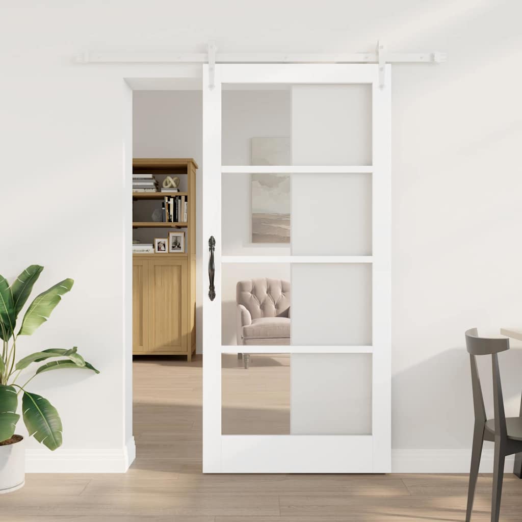 Skydedør 93 x 202 cm Massivt fyrretræ og glas Hvid