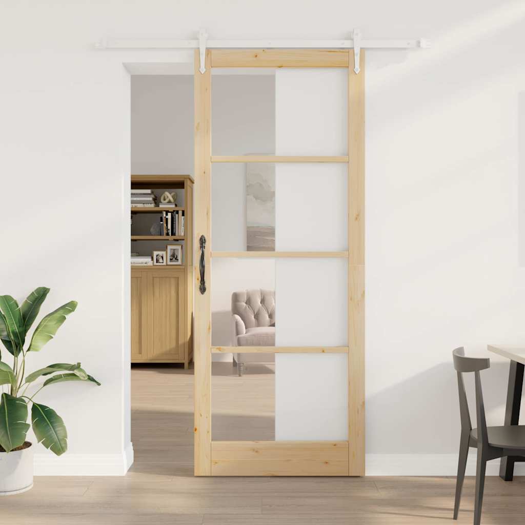 Skydedør 93 x 232 cm Massivt fyrretræ og glas Naturfarvet