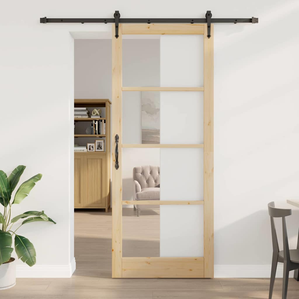 Skydedør 93 x 232 cm Massivt fyrretræ og glas Naturlig og sort