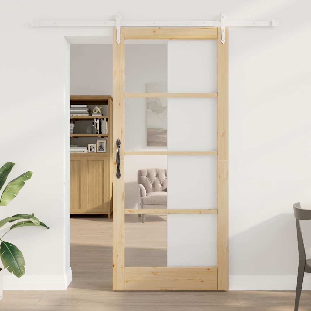 Skydedør 93 x 211 cm Massivt fyrretræ og glas Naturfarvet