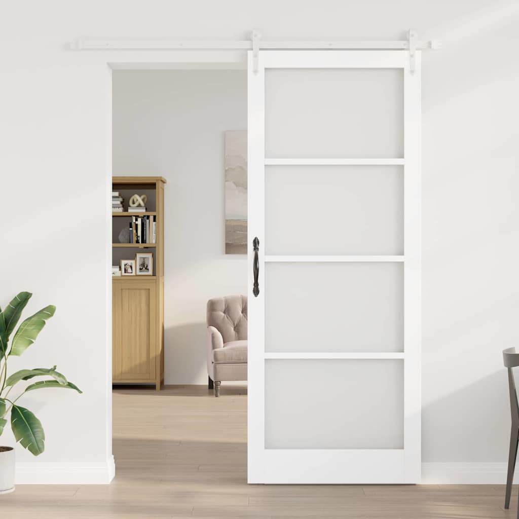 Skydedør 93 x 232 cm Massivt fyrretræ og glas Hvid