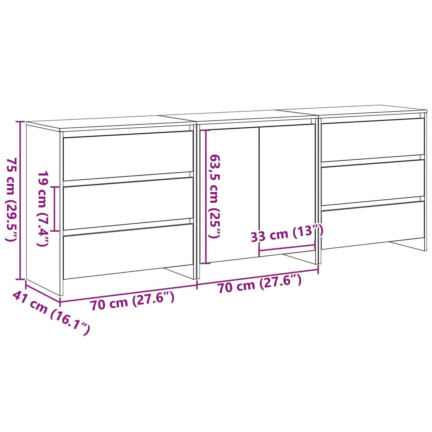 Sideboard 3 stk. Sort 70 x 41 x 75 cm Konstrueret træ