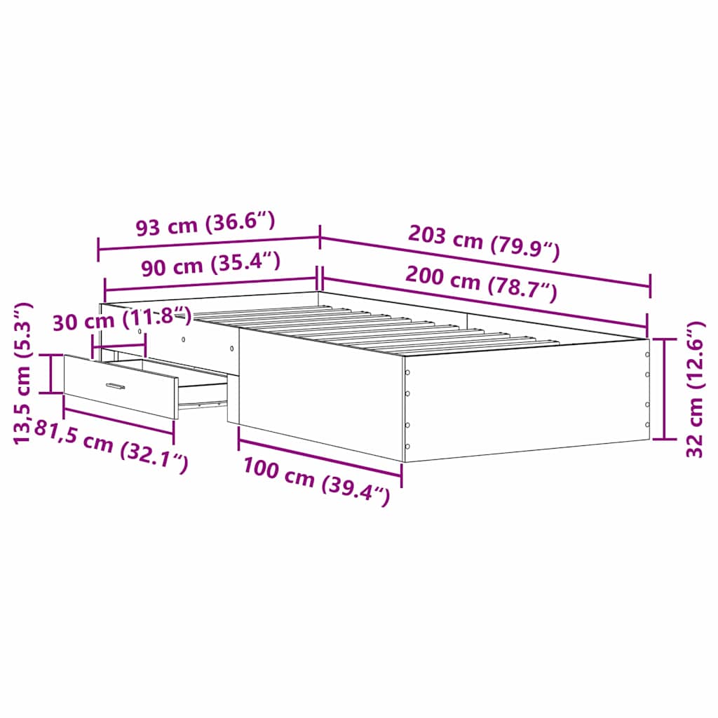 Sengestel med skuffe Sort eg 90 x 200 cm Konstrueret træ