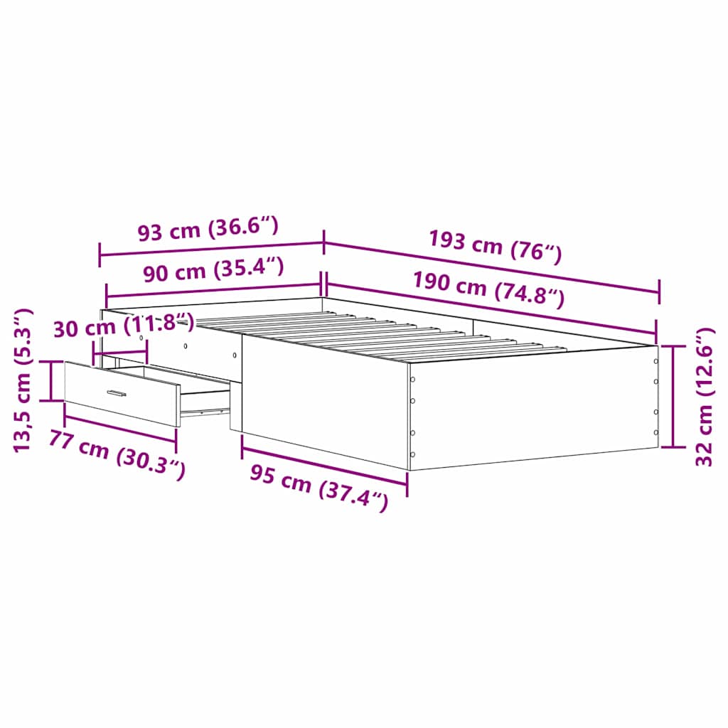 Sengestel med skuffe Sort eg 90 x 190 cm Konstrueret træ