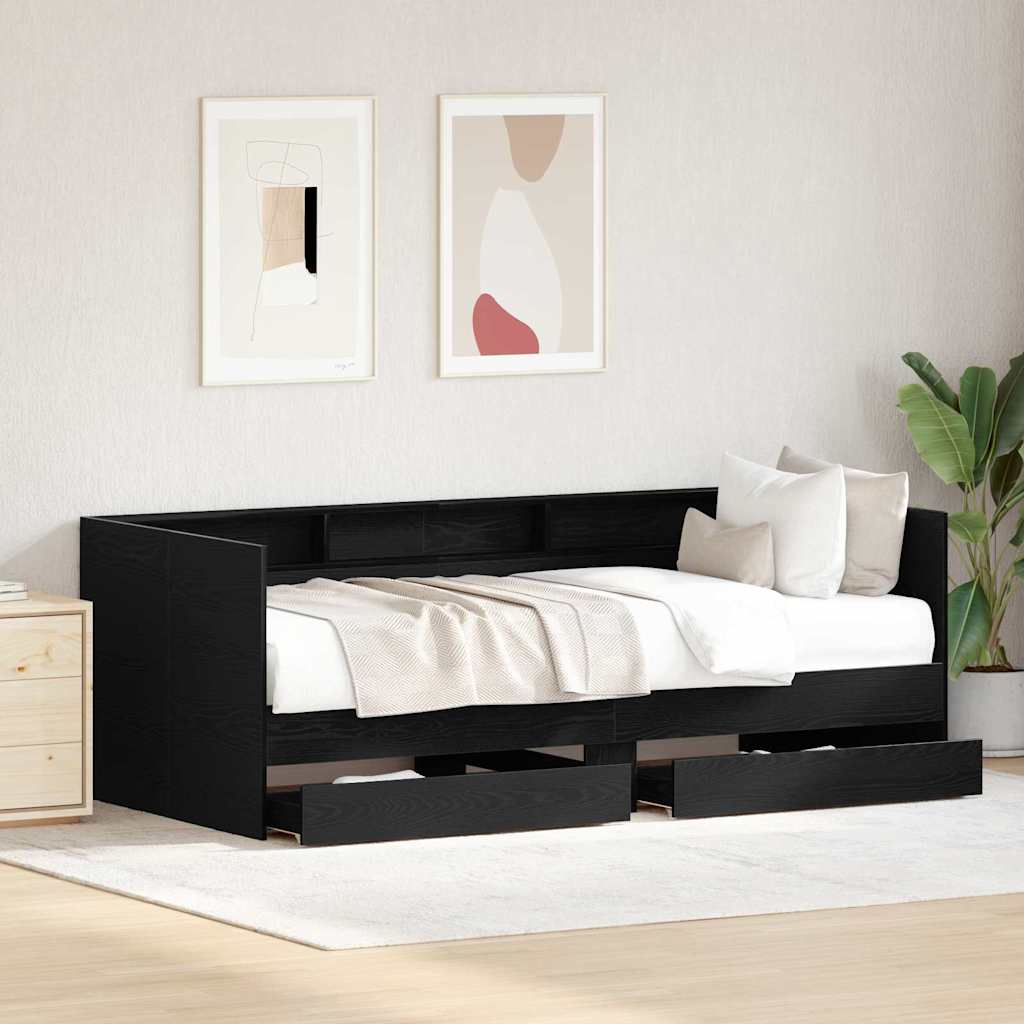 Daybed med skuffe med hylde Sort eg 90 x 200 cm Konstrueret træ