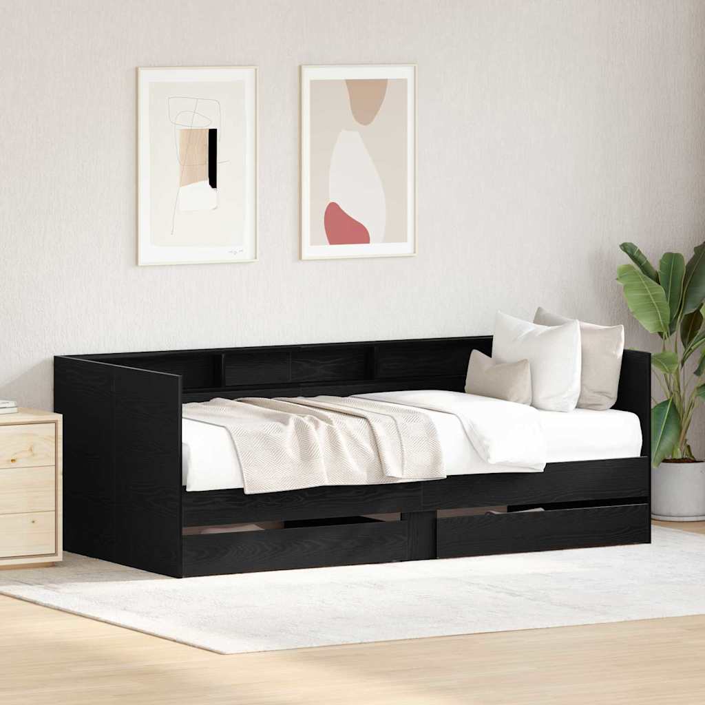 Daybed med skuffe med hylde Sort eg 90 x 190 cm Konstrueret træ