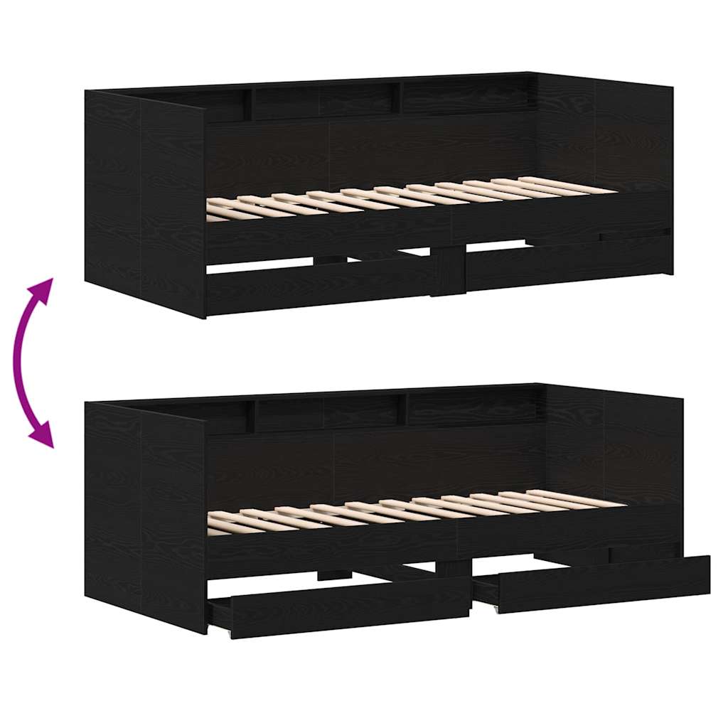 Daybed med skuffe med hylde Sort eg 75 x 190 cm Konstrueret træ