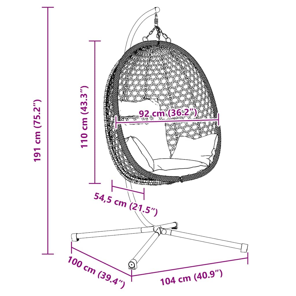 Hængende æggestol polyrattan 104 x 100 x 191 cm Sort