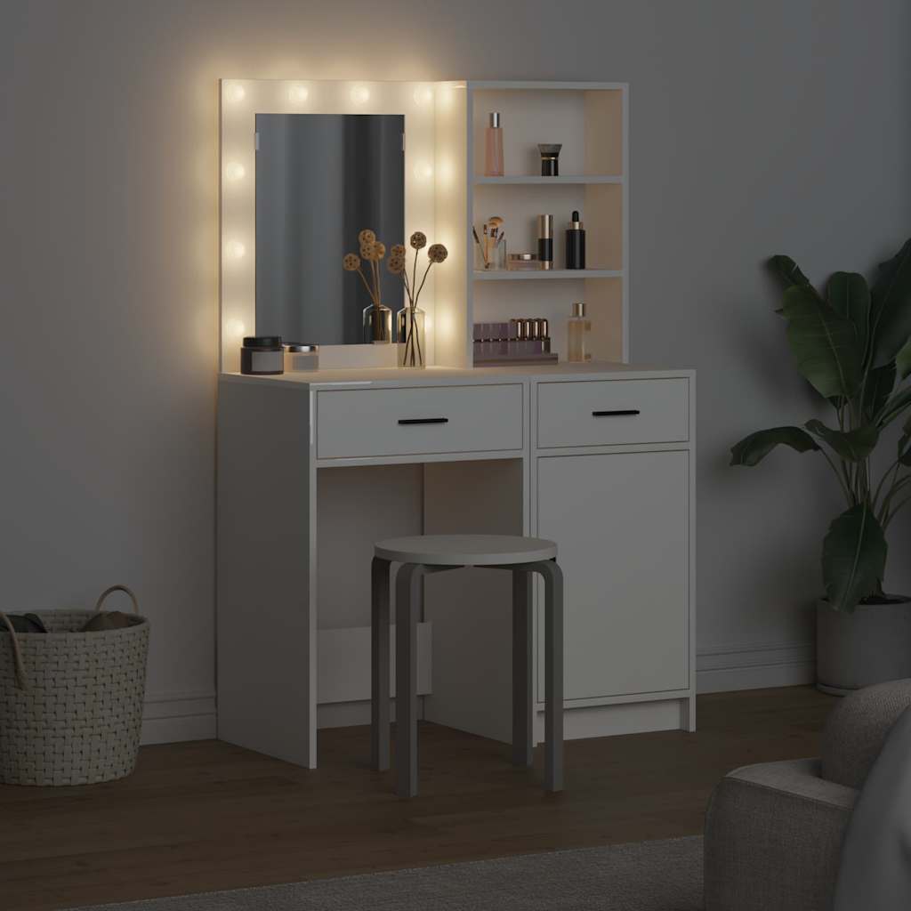Makeupbord sæt med LED 2 stk. Hvid Konstrueret træ
