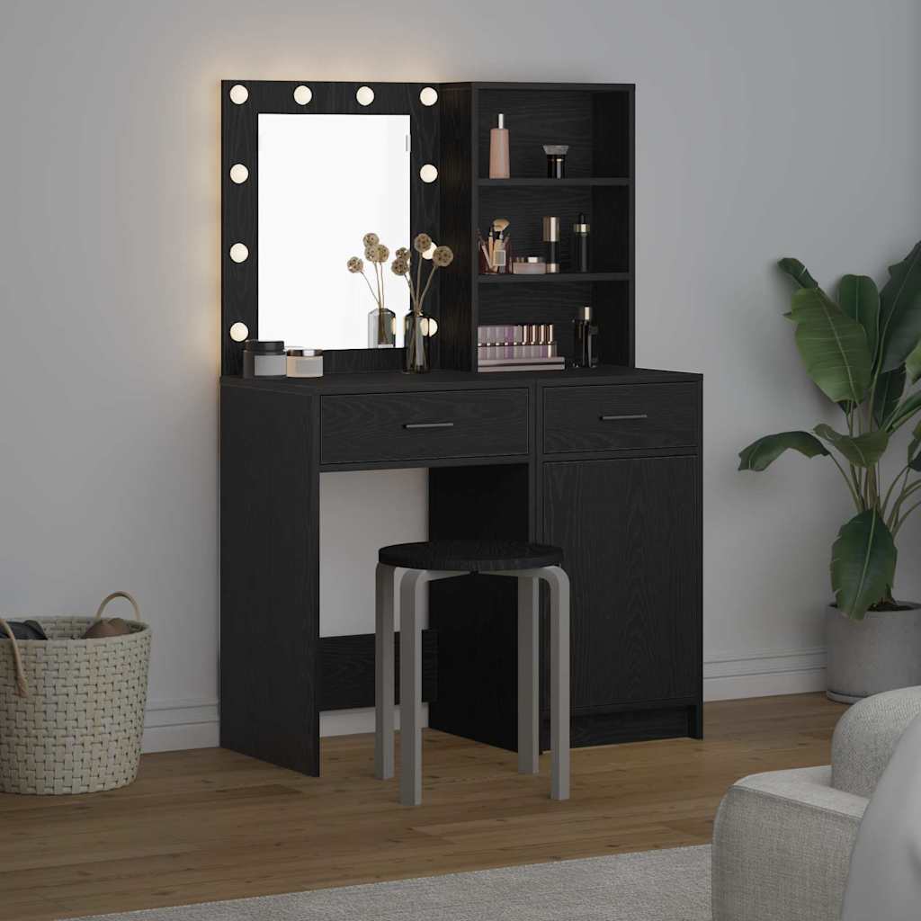 Makeupbord sæt med LED 2 stk. Sort eg Konstrueret træ