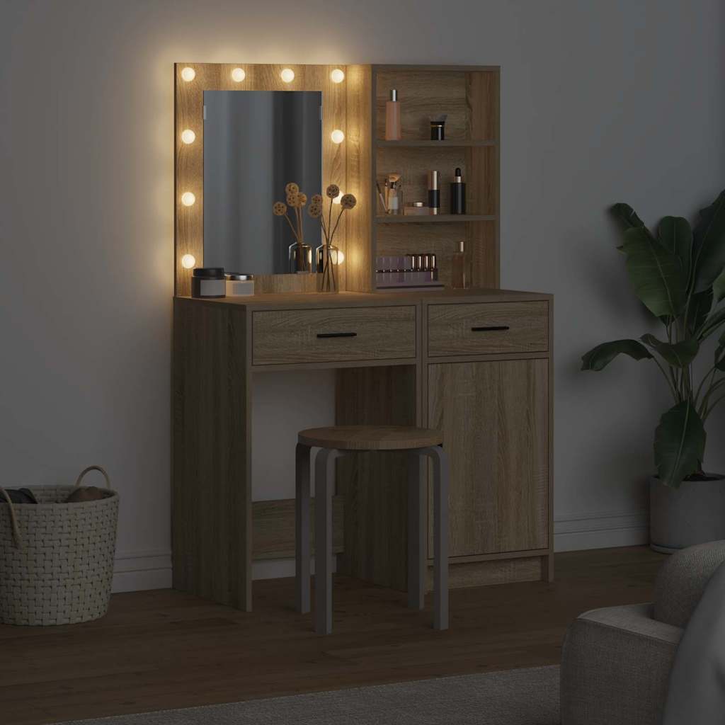 Makeupbord sæt med LED 2 stk. Sonoma eg Konstrueret træ