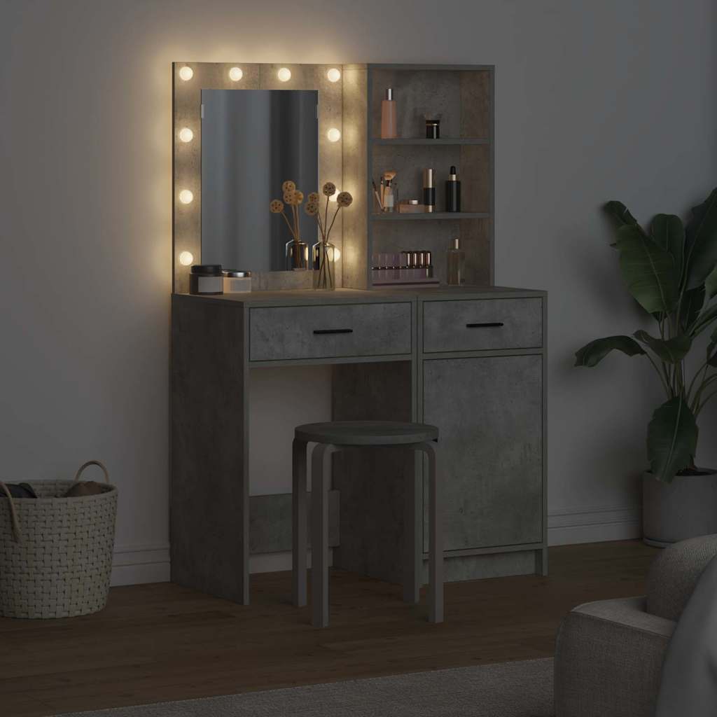 Makeupbord sæt med LED 2 stk. Beton Grå Konstrueret træ