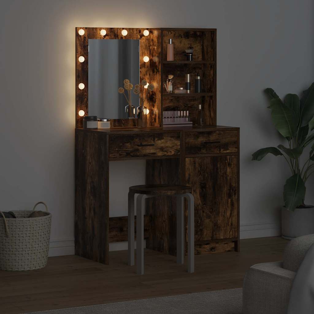 Makeupbord sæt med LED 2 stk. Røget eg Konstrueret træ