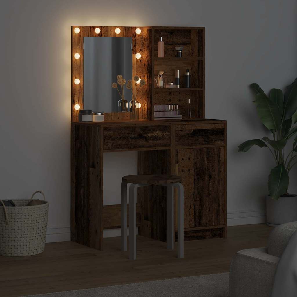 Makeupbord sæt med LED 2 stk. Gammelt træ Konstrueret træ