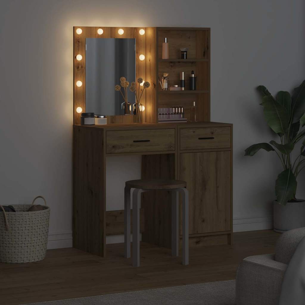 Makeupbord sæt med LED 2 stk. Artisan Egetræ Konstrueret træ