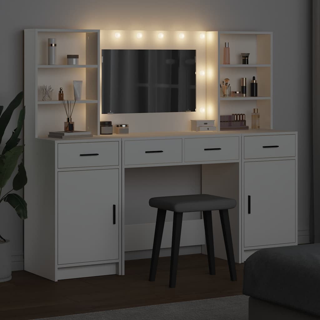Makeupbord sæt med LED 3 stk. Hvid Konstrueret træ