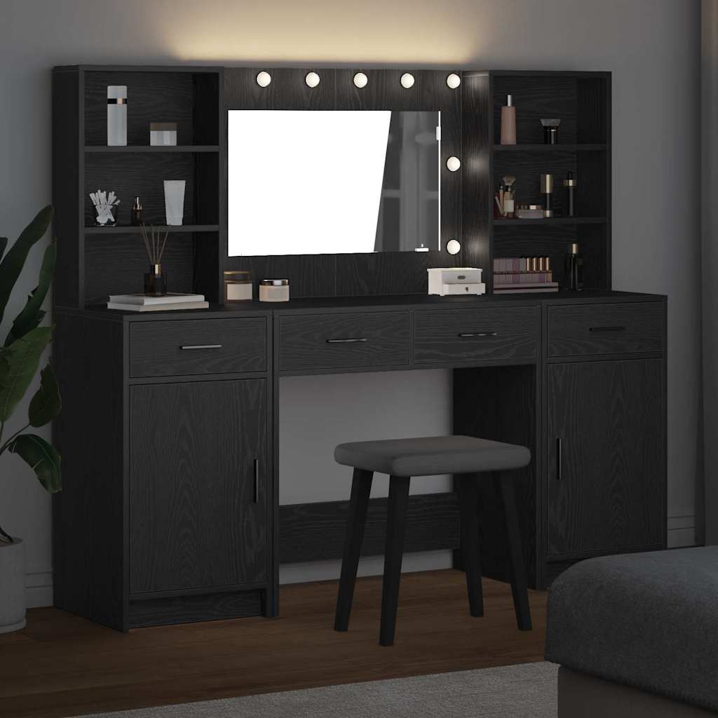 Makeupbord sæt med LED 3 stk. Sort eg Konstrueret træ