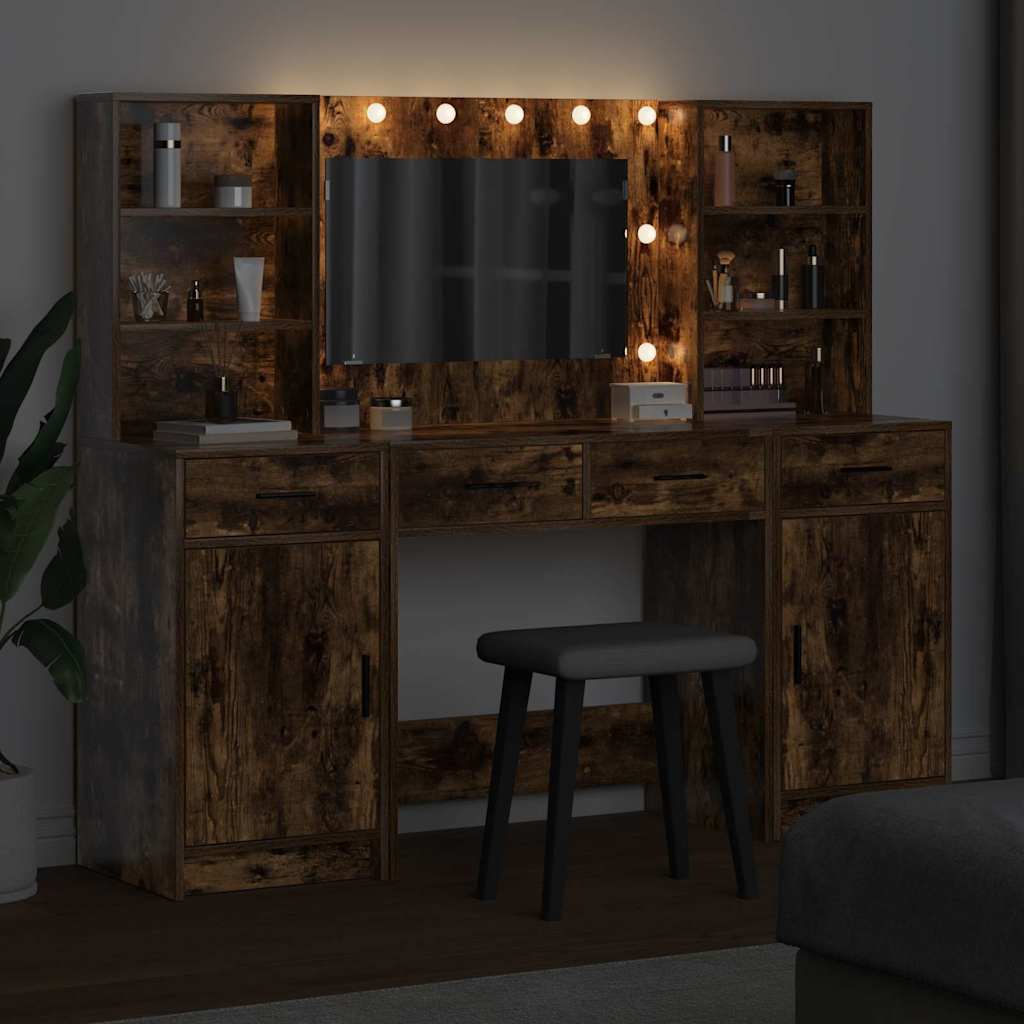 Makeupbord sæt med LED 3 stk. Røget eg Konstrueret træ