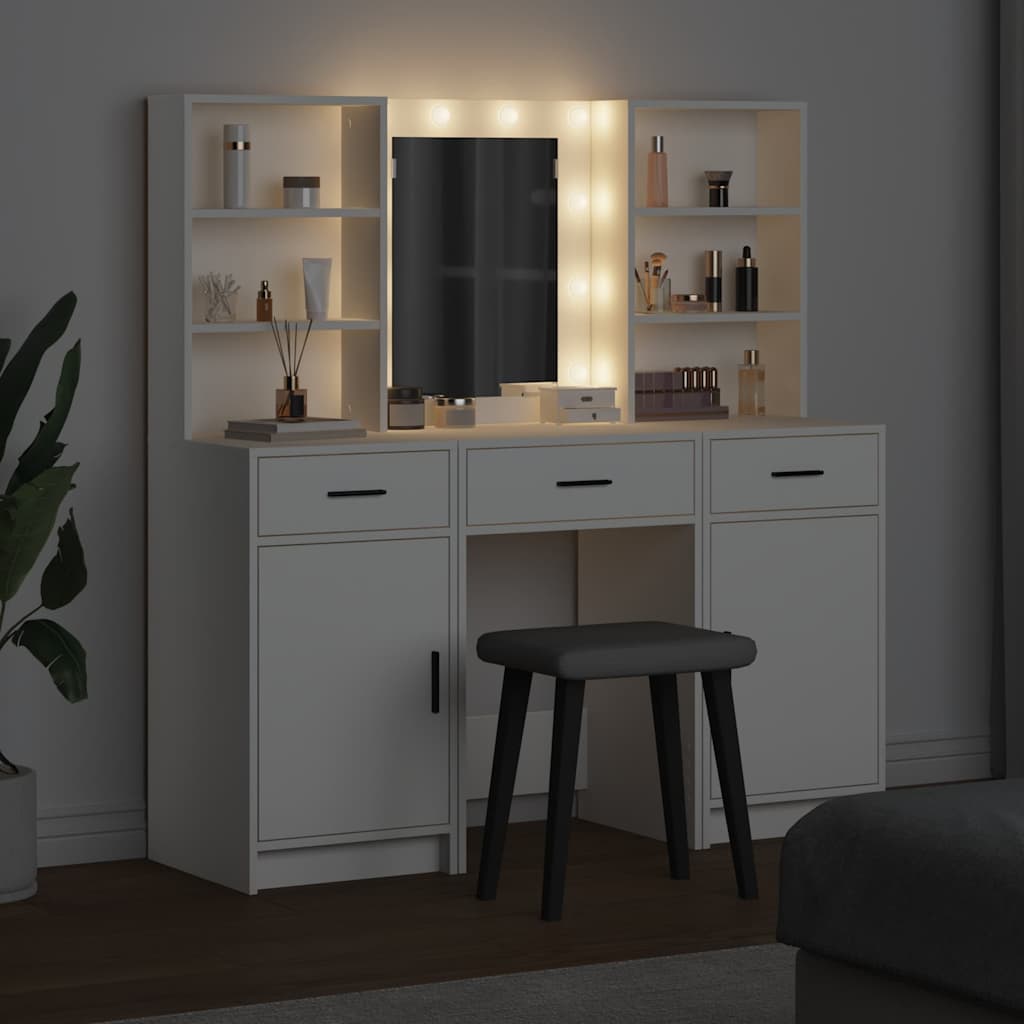 Makeupbord sæt med LED 3 stk. Hvid Konstrueret træ