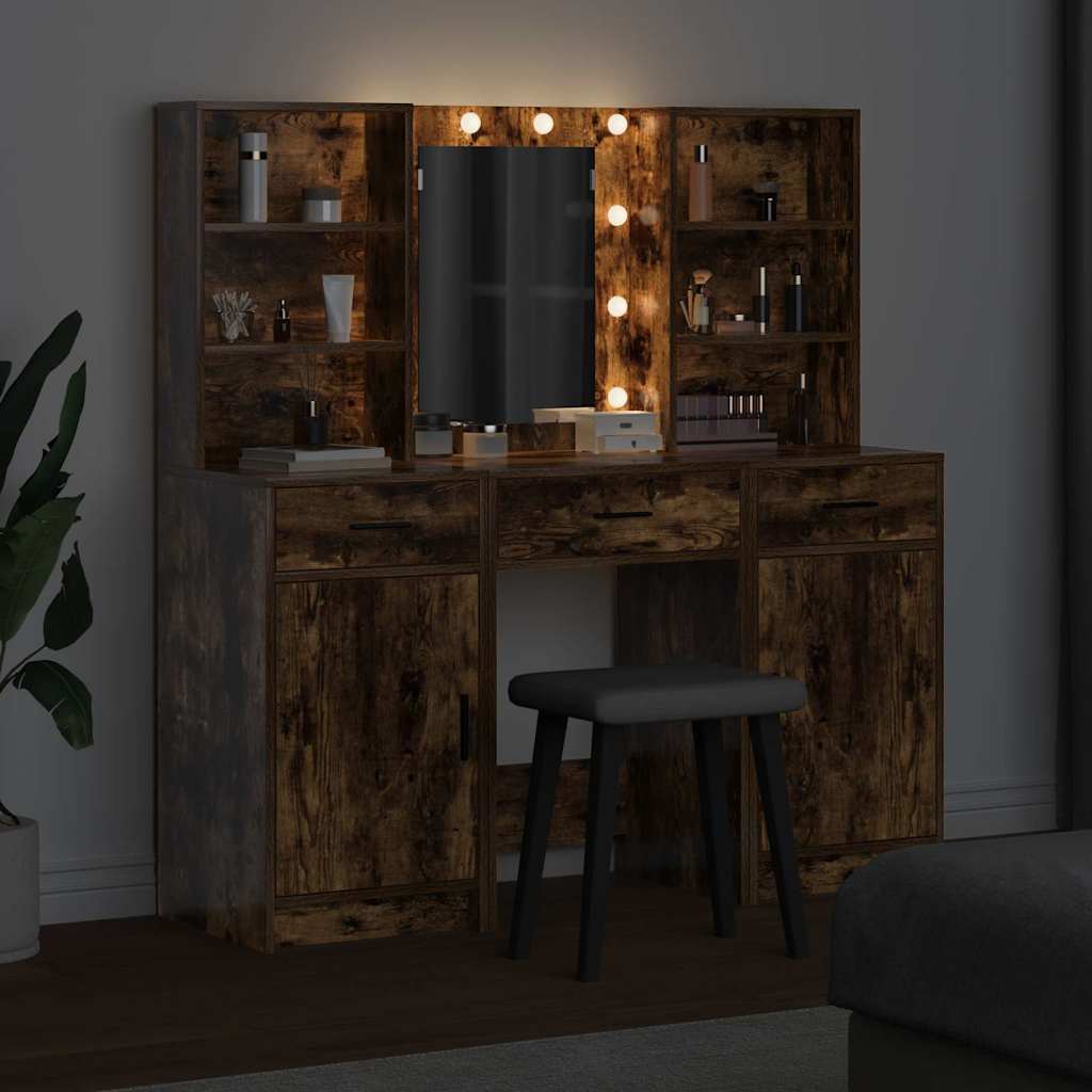 Makeupbord sæt med LED 3 stk. Røget eg Konstrueret træ