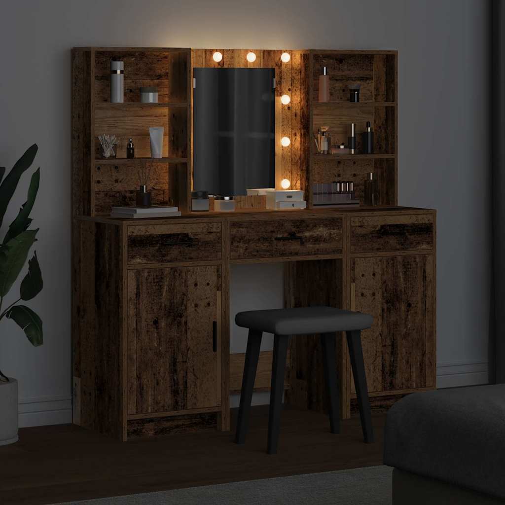 Makeupbord sæt med LED 3 stk. Gammelt træ Konstrueret træ
