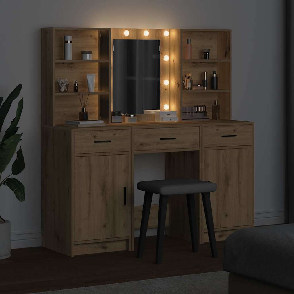 Makeupbord sæt med LED 3 stk. Artisan Egetræ Konstrueret træ