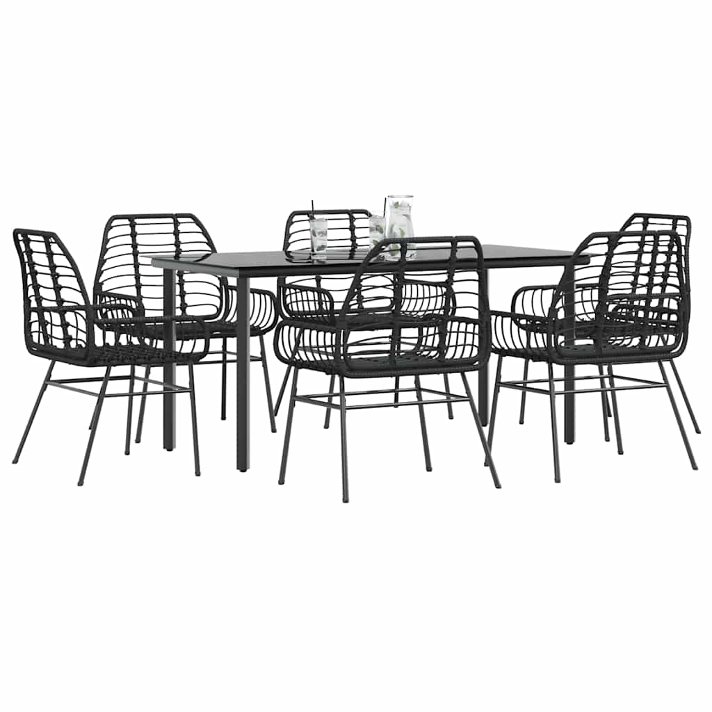 7 dele spisebordssæt til haven polyrattan glas sort