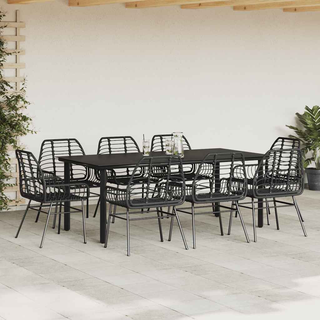 9 dele spisebordssæt til haven polyrattan glas sort