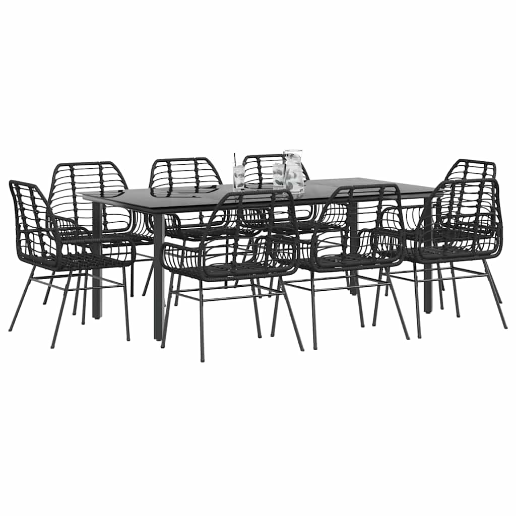 9 dele spisebordssæt til haven polyrattan glas sort