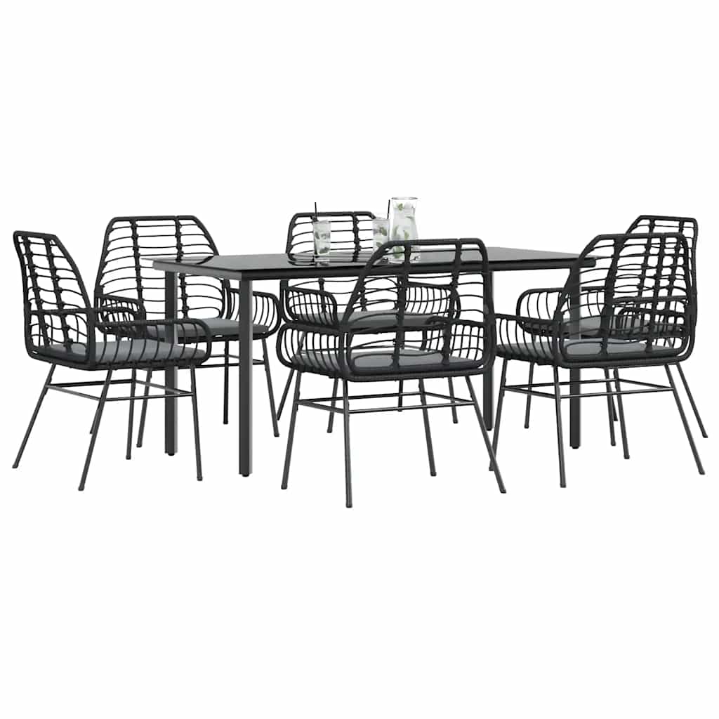 7 dele spisebordssæt til haven m. hynder polyrattan glas sort