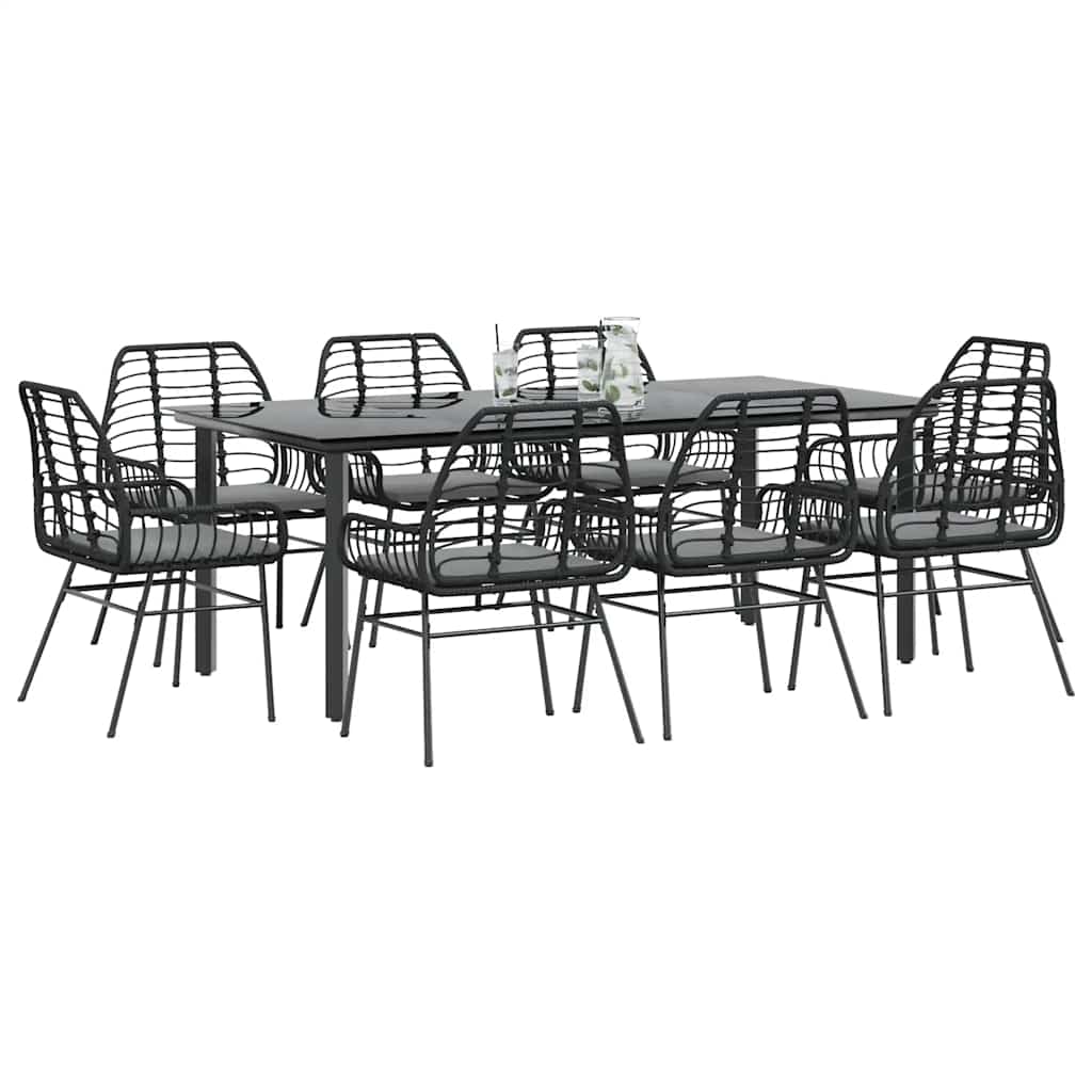 9 dele spisebordssæt til haven m. hynder polyrattan glas sort