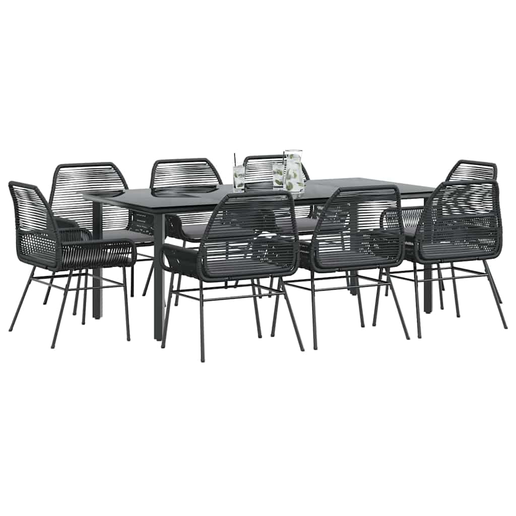 9 dele spisebordssæt til haven m. hynder polyrattan glas sort