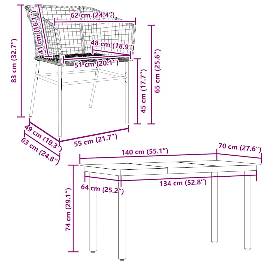 5 dele spisebordssæt til haven polyrattan glas sort