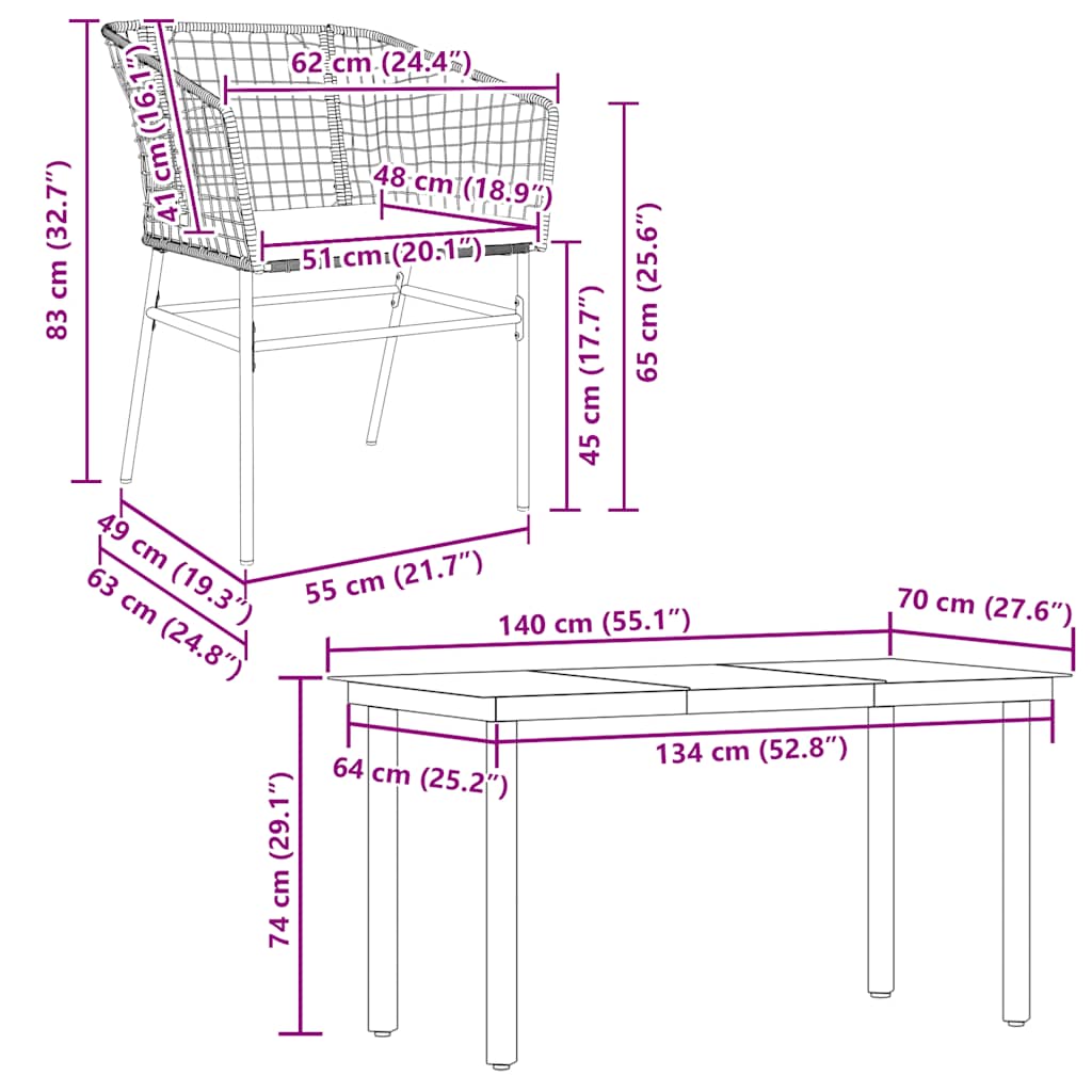 5 dele spisebordssæt til haven m. hynder polyrattan glas sort