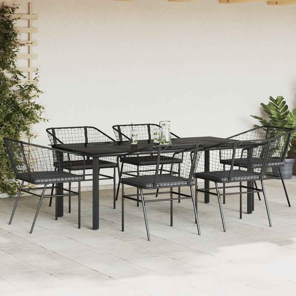 7 dele spisebordssæt til haven m. hynder polyrattan glas sort