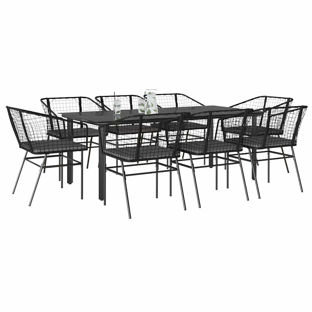 9 dele spisebordssæt til haven m. hynder polyrattan glas sort