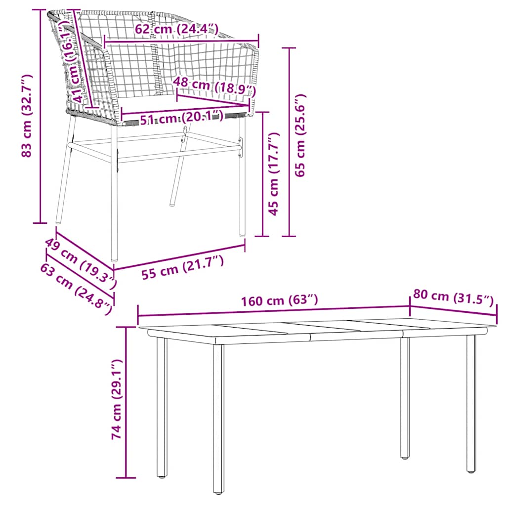 5 dele spisebordssæt til haven m. hynder polyrattan glas brun