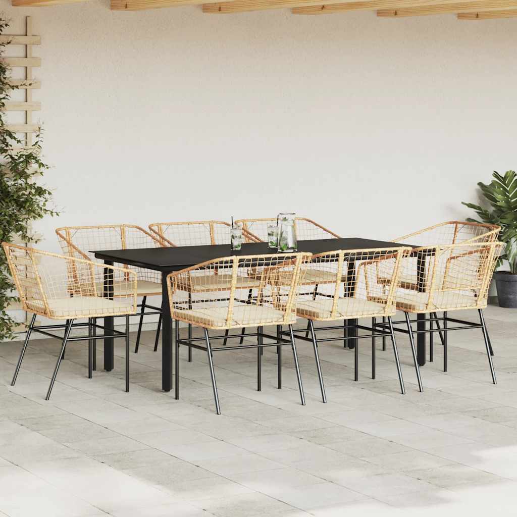 9 dele spisebordssæt til haven m. hynder polyrattan glas brun